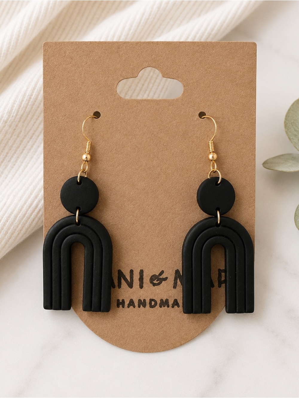 Black Arch Dangle Earrings with Gold Hooks